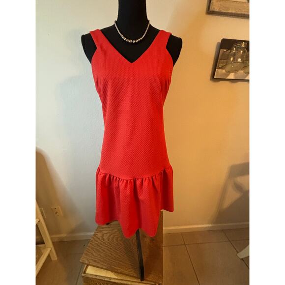 TRINA TURK Isis Coral Red Orange Textured Drop Waist Flounce Dress - Picture 5 of 11